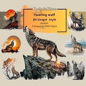 Clipart de loup loup hurlant - 24 graphiques clipart animaux - loups dans des illustrations de forêt - PNG Transparent - téléchargement immédiat