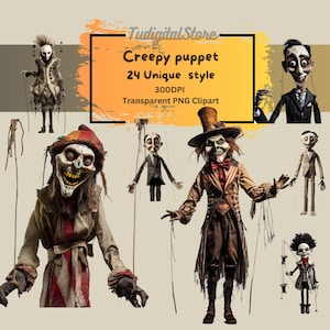 Clipart marionnettes - marionnettes effrayant poupée Halloween sur le thème gothique horreur illustrations de marionnettes à cordes hantées effrayant - téléchargement immédiat