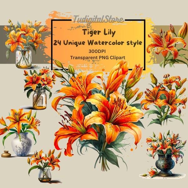 Watercolor Tiger lily clipart - 24 lilies in PNG format - Summer flower - Floral clipart - Instant download