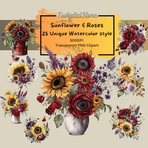 Watercolor Sunflowers & Roses Bouquets Clipart - Summer floral bouquets in PNG format -Instant download for commercial use - 25  PNG files