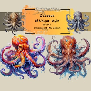 Octopus Clipart - 16 ocean clipart octopus lover - marine creatures underwater Tattoo illustrations water PNG graphics - Instant download