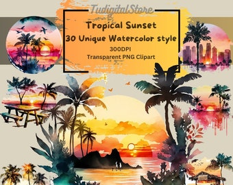 Watercolor Tropical Sunsets Clipart - 30 stunning beach landscape PNG -  Sunset PNG -  instant download -