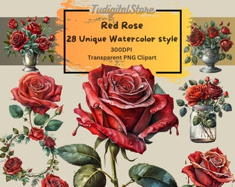 Clipart de roses rouges aquarelles - 28 illustrations de roses PNG - clipart bouquet de roses - téléchargement immédiat