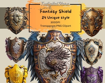 Shield ClipArt - 24 Fantasy Shield PNG - armor clipart - stylized clipart bundle - knight clipart medieval clipart -shield images