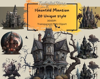 Haunted House Clipart - 20 spooky Manor gothic style - Halloween-themed scary clipart novel graphic design PNG file - Instant download