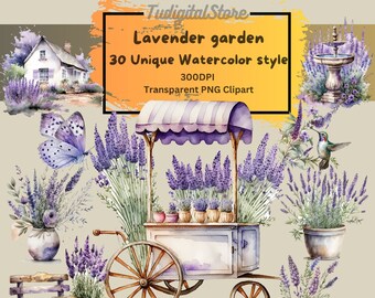 Watercolor Lavender Garden Clipart - 30 Lavender Garden PNG - Purple garden clipart - Lavender PNG - Instant download for commercial use