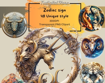 Zodiac Signs Clipart Horoscope Clip Art Bundle - 48 PNG Zodiac sings - Astrological art -Instant download