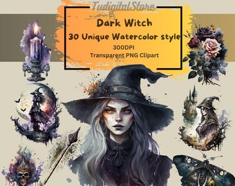 Watercolor Dark Witch Clipart - 30 Gothic witch PNG - magic clip art - mystical clipart - witchcraft png - Instant download