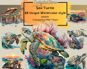Watercolor colorful Sea Turtle Clipart - 38 ocean animals PNG - Cute turtle - sea animal clipart - Instant download