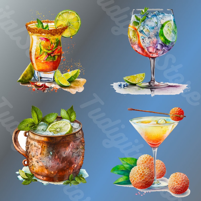 Watercolor Summer Cocktail Clipart - 50 Summer Drinks PNG - Cocktail ...