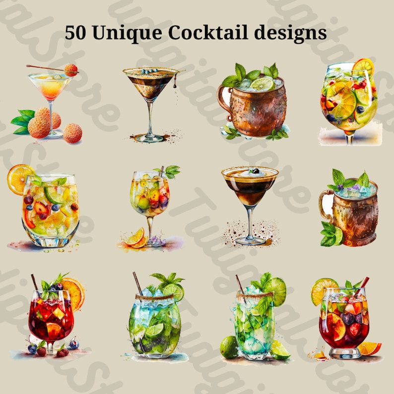 Watercolor Summer Cocktail Clipart - 50 Summer Drinks PNG - Cocktail ...