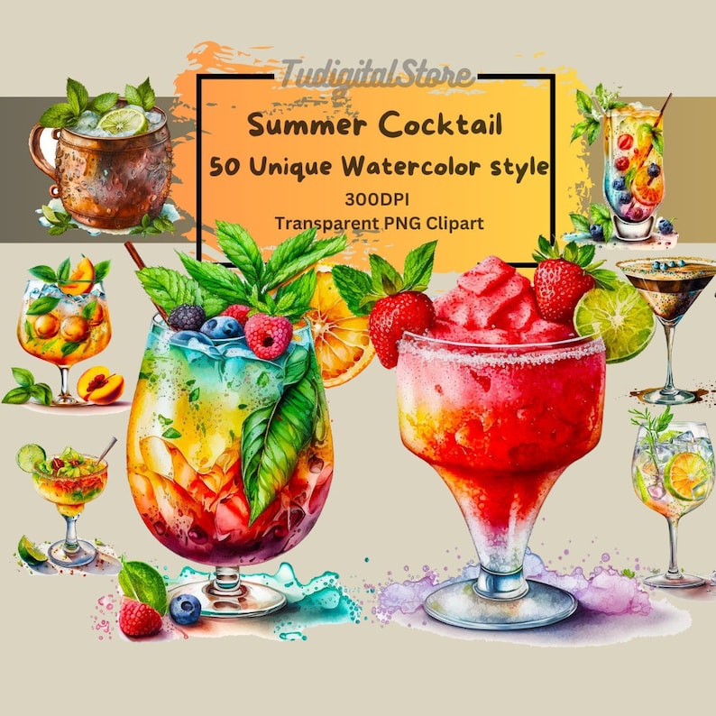 Watercolor Summer Cocktail Clipart - 50 Summer Drinks PNG - Cocktail ...