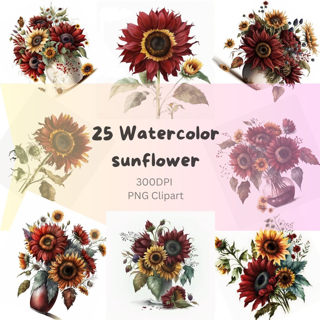 Watercolor Sunflowers Clipart - 25 Floral Sunflower PNG Bundle - Fall ...