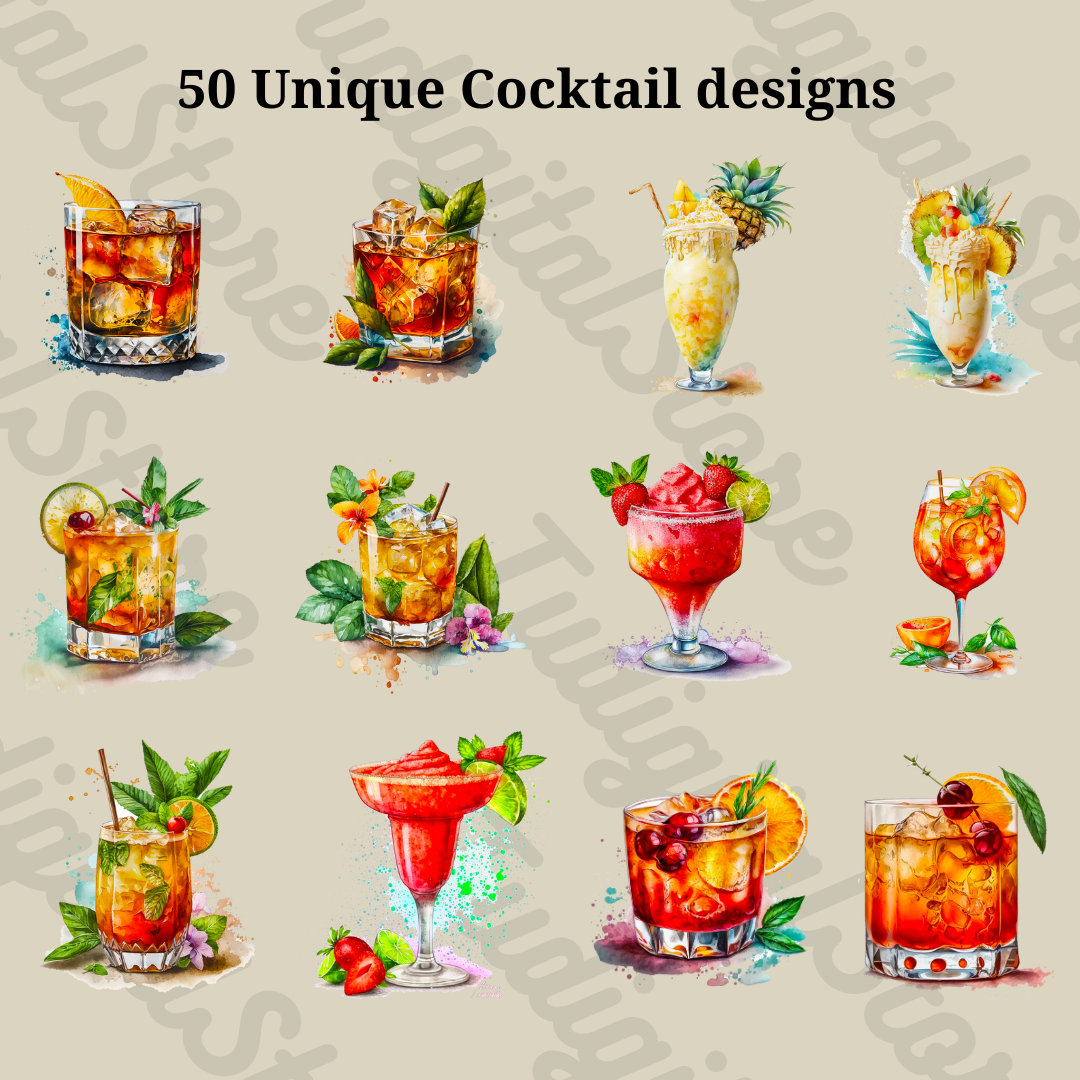 Watercolor Summer Cocktail Clipart - 50 Summer Drinks PNG - Cocktail ...