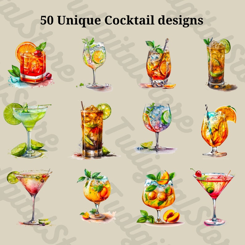 Watercolor Summer Cocktail Clipart - 50 Summer Drinks PNG - Cocktail ...