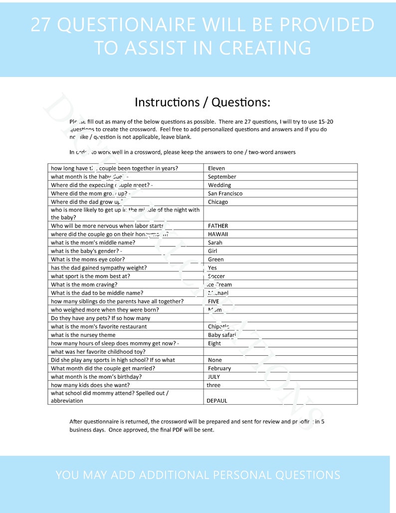 Personalize baby shower crossword puzzle etsy