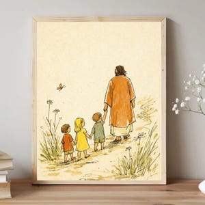 May include: Watercolor print in a wooden frame. The artwork depicts a figure in an orange robe leading three children along a path. The children are wearing red, yellow, and green clothing. A butterfly and wildflowers are also visible.