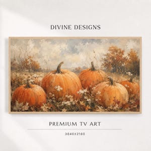 Peut inclure: Une impression d'art mural rectangulaire intitulée DIVINE DESIGNS PREMIUM TV ART 3840X2160 représentant un paysage peint à l'huile de citrouilles orange dans un champ avec feuillage d'automne, herbes sèches et ciel nuageux, cadre en bois clair.
