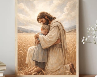May include: A framed print depicts a tender moment of embrace. A figure in flowing robes cradles a child in a field of wheat. The artwork is rendered in warm, earthy tones, with a soft, painterly style, evoking a sense of comfort and peace.