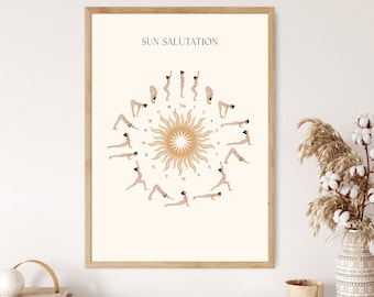 Sun Salutation Yoga Flow Poster, Surya Namaskar Sequence, Printable Yoga Wall Art, Yoga Studio Decor, Meditation Room Print, Zen Gift