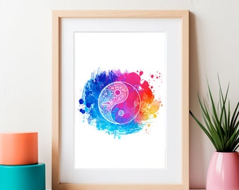 Watercolor Yin Yang Mindfulness Poster, Motivational Poster,Yoga Poster,Self Care Poster,Yoga Studio Decor,Yoga Wall Decor,Yoga Teacher Gift