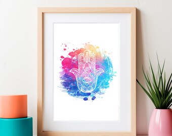 Watercolor Hamsa Hand Mindfulness Poster, Instant Download,Motivational Poster,Yoga Poster,Self Care Poster,Yoga Studio Decor,Zen Wall Decor