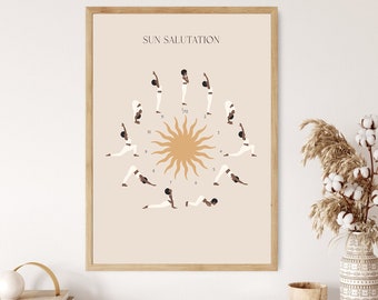 Flujo de yoga del saludo al sol, póster de yoga del saludo al sol, arte de yoga Surya Namaskar, postura de yoga, póster de yoga, arte de yoga, obra de arte de yoga, regalo de yoga