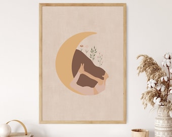 Bow Pose Yoga Poster with Moon and Flower, Dhanurasana Pose, Yoga Poster, Yoga Pose Poster, Yoga Artwork, Yoga Studio Decor, Yoga Wall Decor