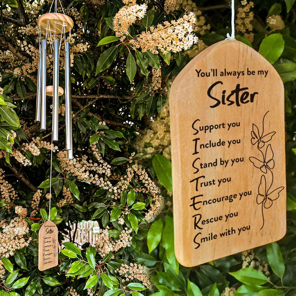 Natural Wood Sister Definition Windchime | Gifts For Your Sibling | You'll Always Be My Sister Wind Chime Gift | Wind Chime For Your Sister