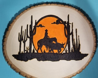 pyrography, western, wood, acrylic, burn