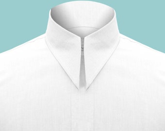 White Hidden Placket Men's Shirt in Long Pointed Collar Dress Shirt Gift For Him Spearpoint Dagger Collar Shirt Vintage Collar Man Shirt