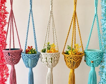 Makramee Pflanzenaufhänger Indoor | Boho Blumenampel | Handgemachter Pflanzenhalter aus Baumwollseil | Balkon Deko | Mehrere Farben erhältlich