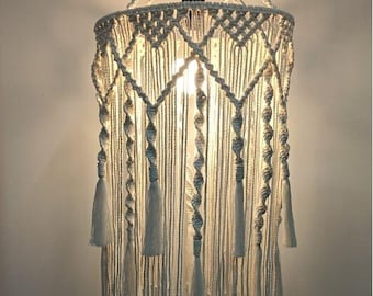 手作りの白いマクラメシャンデリア、ボヘミアン風の丸型吊り下げランプ、リビングルーム照明