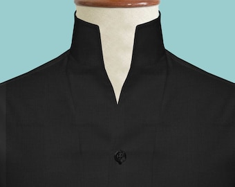 Open Buttonless High Collar Jet Black Birthday Dress Shirt Mens Karl Lagerfeld Style Pure Cotton Stripes, hairline Stripes Long Sleeves Open Buttonless High Collar Jet Black Birthday Dress Shirt Mens Karl Lagerfeld Style Pure Cotton Stripes, hairline Stripes Long Sleeves