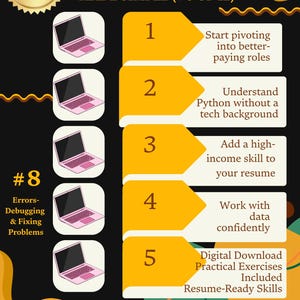 May include: An infographic with a black background and gold accents, titled "PYTHON MADE SIMPLE." It lists five benefits of learning Python, including "Start pivoting into better-paying roles." The image also features laptop illustrations.