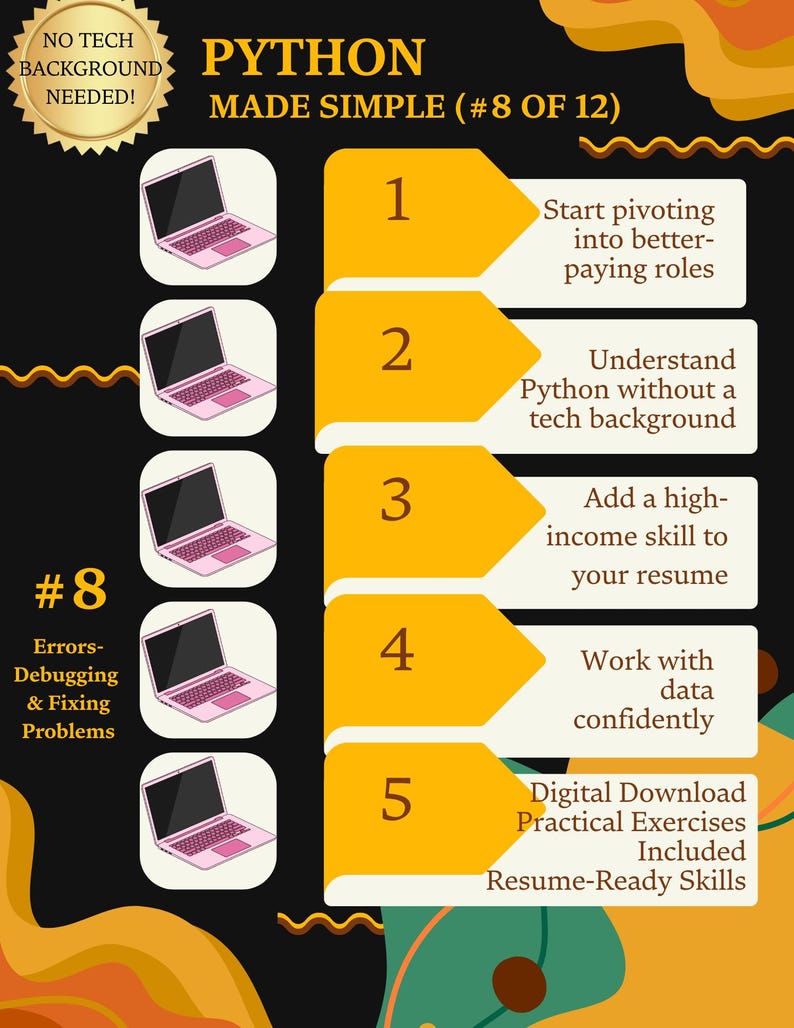 K&ouml;nnte beinhalten: Eine Infografik mit schwarzem Hintergrund und goldenen Akzenten mit dem Titel "PYTHON MADE SIMPLE". Sie listet f&uuml;nf Vorteile des Python-Lernens auf, darunter "Beginnen Sie mit dem Wechsel in besser bezahlte Rollen". Das Bild zeigt auch Laptop-Illustrationen.