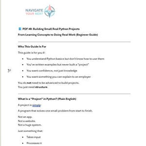 May include: A white PDF document titled "Building Small Real Python Projects" with the subtitle "From Learning Concepts to Doing Real Work (Beginner Guide)". The document lists criteria for the target audience and defines a Python project.