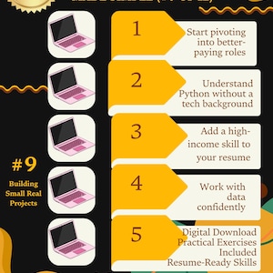 Może przedstawiać: Infografika "PYTHON MADE SIMPLE (#9 OF 12)" z tekstem "NO TECH BACKGROUND NEEDED!". Zawiera złotą pieczęć i ponumerowane punkty z opisami. Obraz zawiera ilustracje różowych laptopów.