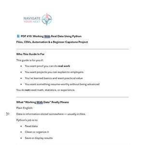 K&ouml;nnte beinhalten: Ein wei&szlig;es PDF-Dokument mit dem Titel "PDF #10: Working With Real Data Using Python". Das Dokument behandelt Dateien, CSVs, Automatisierung und ein Anf&auml;nger-Capstone-Projekt. Es richtet sich an diejenigen, die Datenanalyse lernen m&ouml;chten.