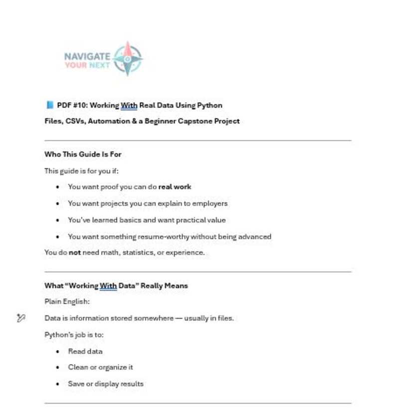 K&ouml;nnte beinhalten: Ein wei&szlig;es PDF-Dokument mit dem Titel "PDF #10: Working With Real Data Using Python". Das Dokument behandelt Dateien, CSVs, Automatisierung und ein Anf&auml;nger-Capstone-Projekt. Es richtet sich an diejenigen, die Datenanalyse lernen m&ouml;chten.