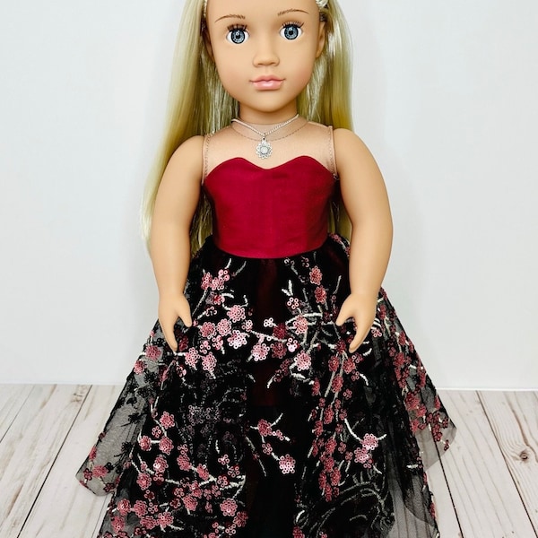 Couture Red and Black Evening Gown for 18 inch dolls, 18 Inch Doll Dress, Clothes for Dolls, Dress for Dolls, 18-inch Dolls, Luxury Gown