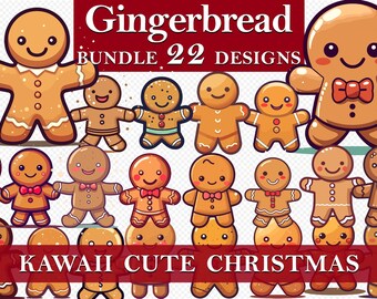 22 Mignon Kawaii Gingerbread Man Christmas Bundle Pack Graphics Clipart Nursery Paper Craft, Artisanat numérique, Utilisation commerciale, PNG SVG
