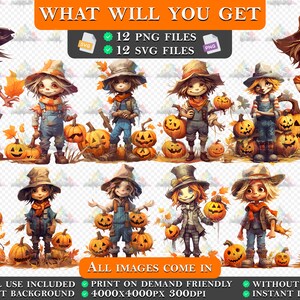 12 Farming Boy Pumpkins Halloween Cute Cartoon Clipart , Spooky Graphics, Paper Craft, Imprimable, Décorations de fête, Utilisation commerciale, PNG SVG image 2
