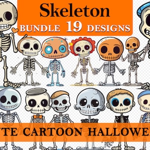 19 Skeleton Halloween Cute Cartoon Clipart, Spooky Skeleton Graphics, Paper Craft, Decor art, Printable Art, Party , Commercial Use, PNG SVG