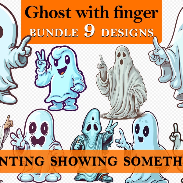 9 Ghost pointing showing something with finger Halloween Cute Cartoon Clipart , Spooky, Craft, Printable , Party, Commercial Use, PNG SVG