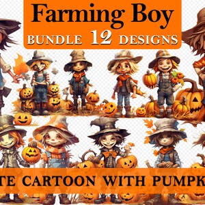 12 Farming Boy Pumpkins Halloween Cute Cartoon Clipart , Spooky Graphics, Paper Craft, Imprimable, Décorations de fête, Utilisation commerciale, PNG SVG image 1