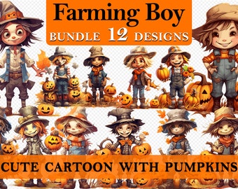 12 zucche di ragazzo agricolo Halloween simpatico cartone animato clipart, grafica spettrale, creazione di carta, stampabile, decorazioni per feste, uso commerciale, PNG SVG