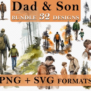 32 Father’s Day Watercolor Cliparts, Dad And Son, Fathers Day Gift Clipart, Father PNG Art Gift, Gift For Dad Clipart, Commercial, SVG PNG