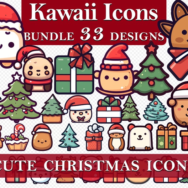 33 Cute Kawaii Christmas Icons Santa Claus Tree Snowman Gingerbread Bundle Pack Graphics Clipart Nursery Paper Craft, Commercial Use PNG SVG