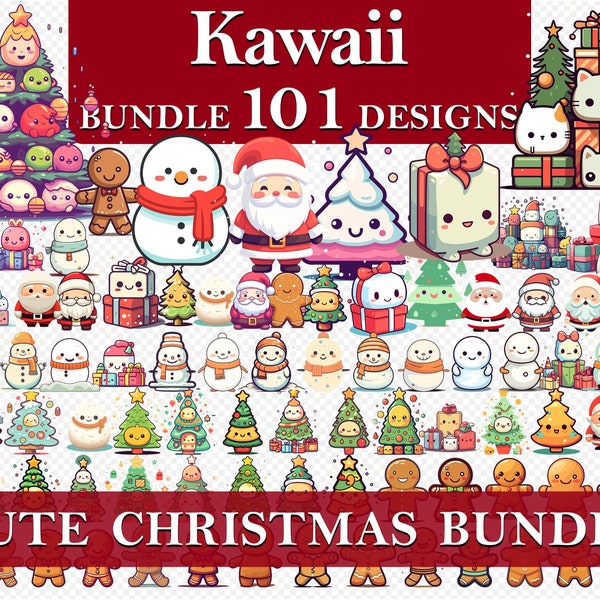 101 Kawaii Happy Christmas Santa Claus Tree Snowman Gingerbread Sweet Bundle Pack Graphics Clipart Nursery Paper, Commercial Use, PNG SVG